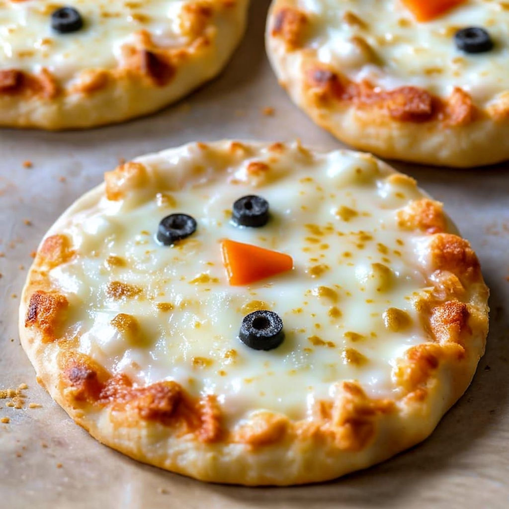 A pizza with a snowman face on it.