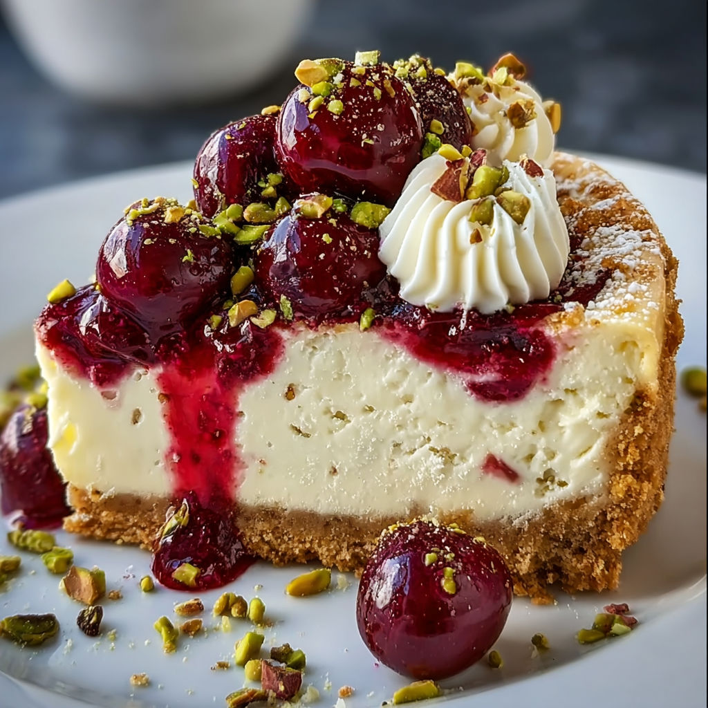 A slice of cherry pistachio cheesecake on a plate.