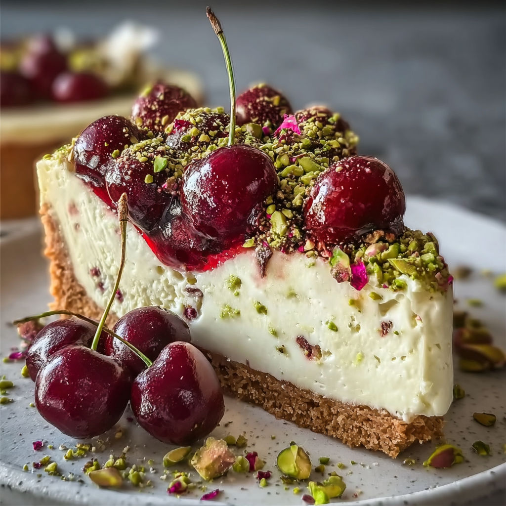A slice of cherry pistachio cheesecake on a plate.