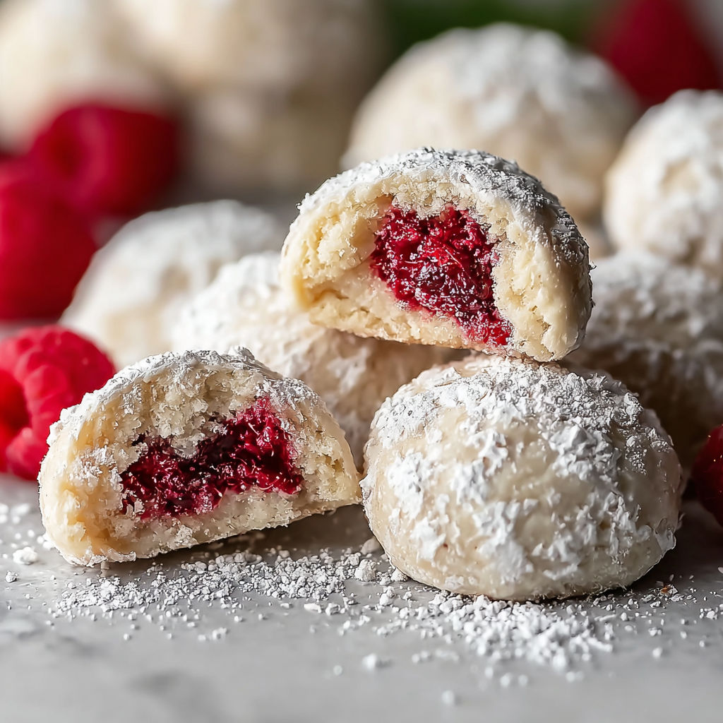 A close up of a raspberry almond snowball cookie.