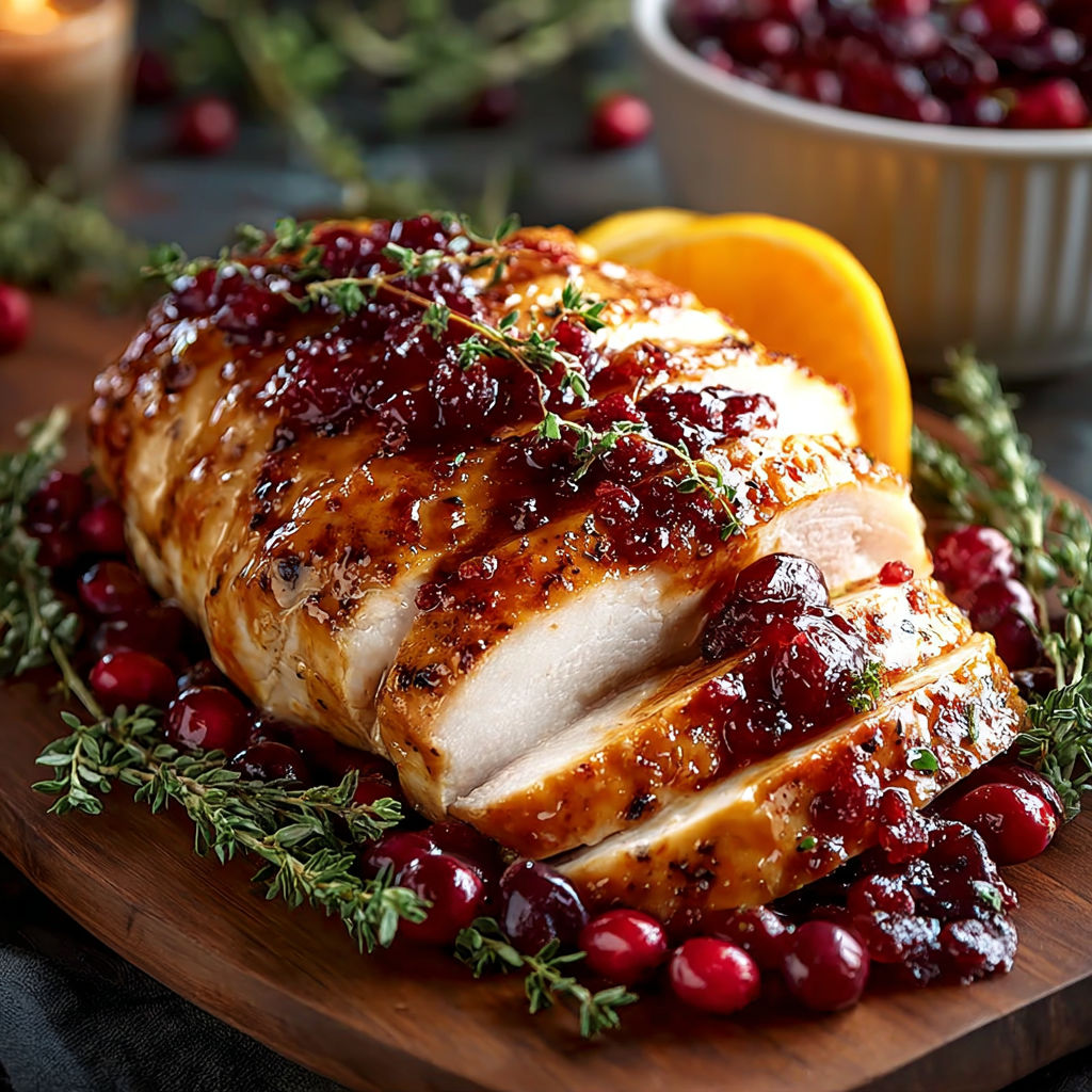 A roasted chicken with a glaze of cranberry sauce.