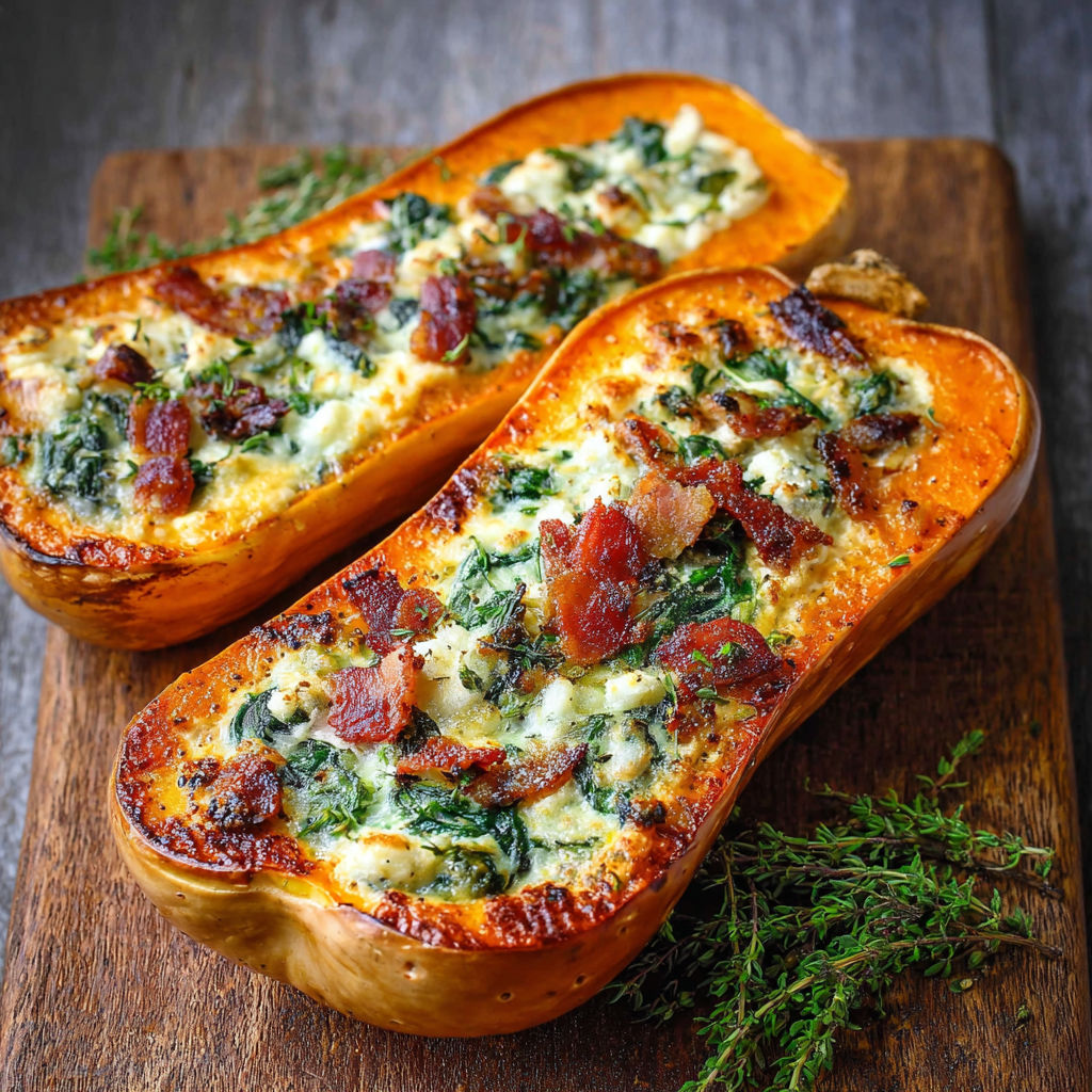 Two stuffed butternut squash on a wooden table.