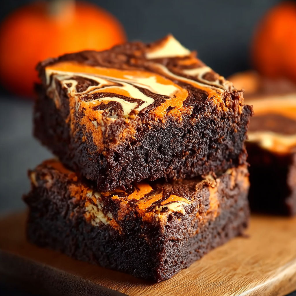 A stack of brownies with swirls of cream cheese on top.