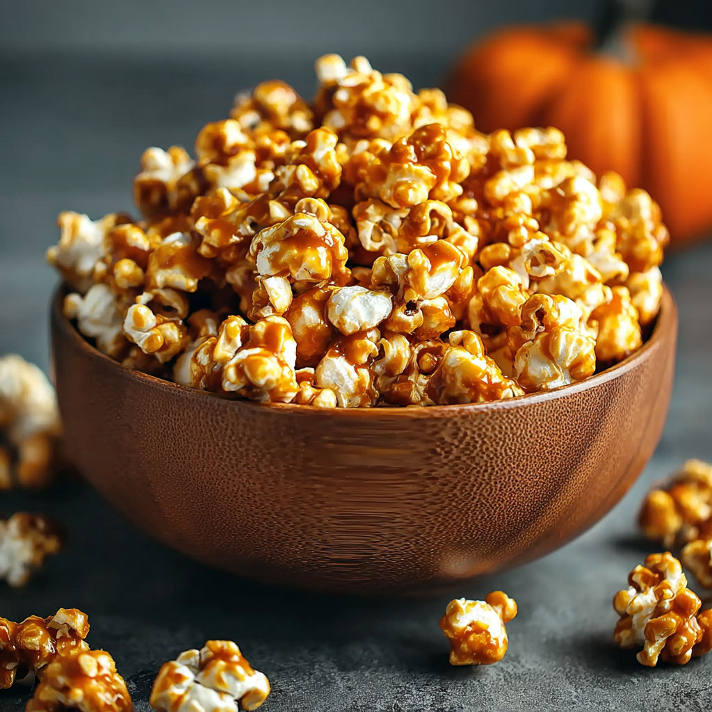 A bowl of popcorn with a pumpkin spice caramel topping.