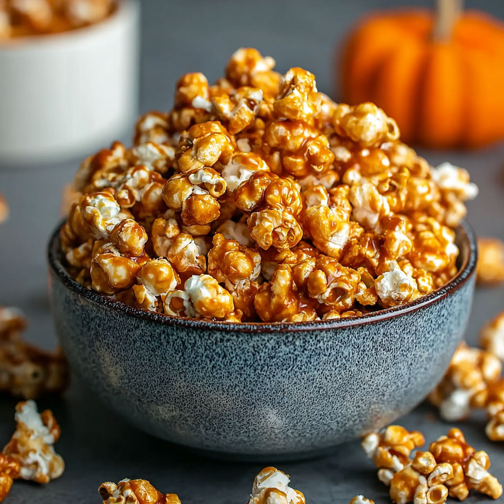 A bowl of popcorn with a pumpkin spice caramel topping.