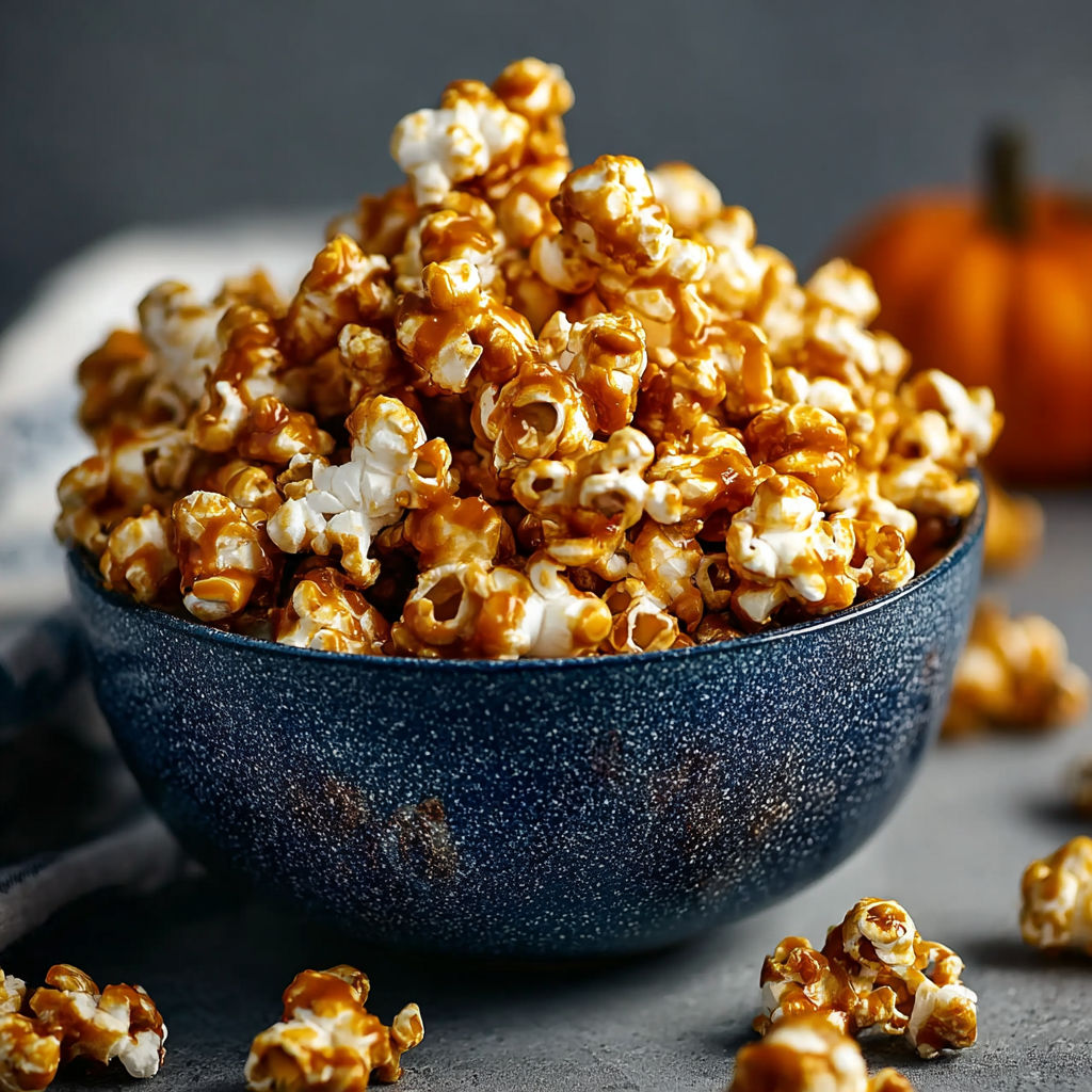 A bowl of pumpkin spice caramel popcorn.