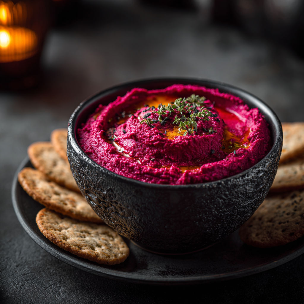 A bowl of red hummus with crackers.