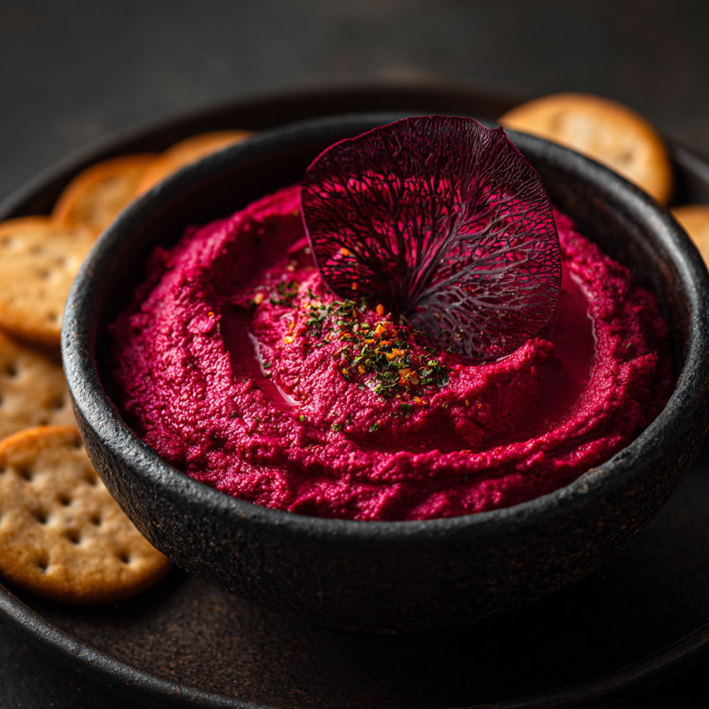 A bowl of red hummus with a purple leaf on top.