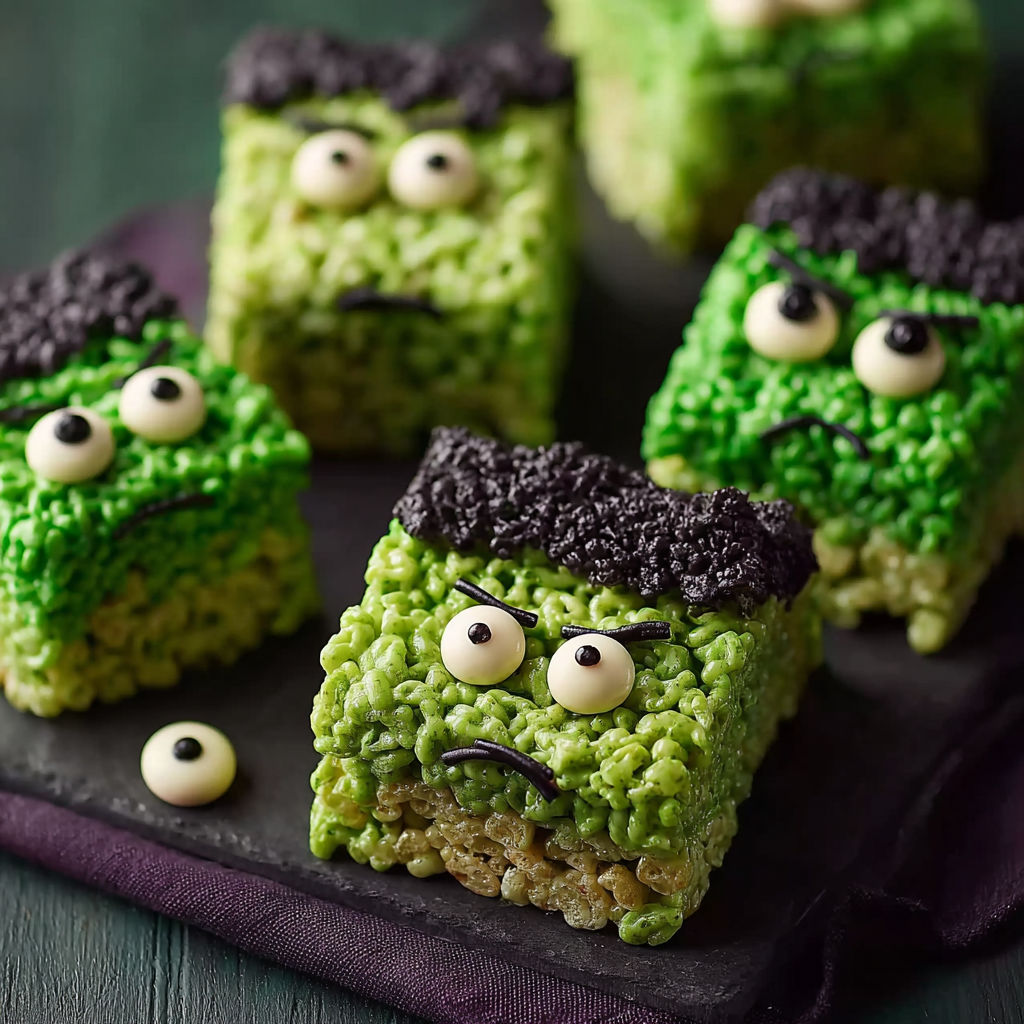 A plate of green cake with eyes and a mouth.