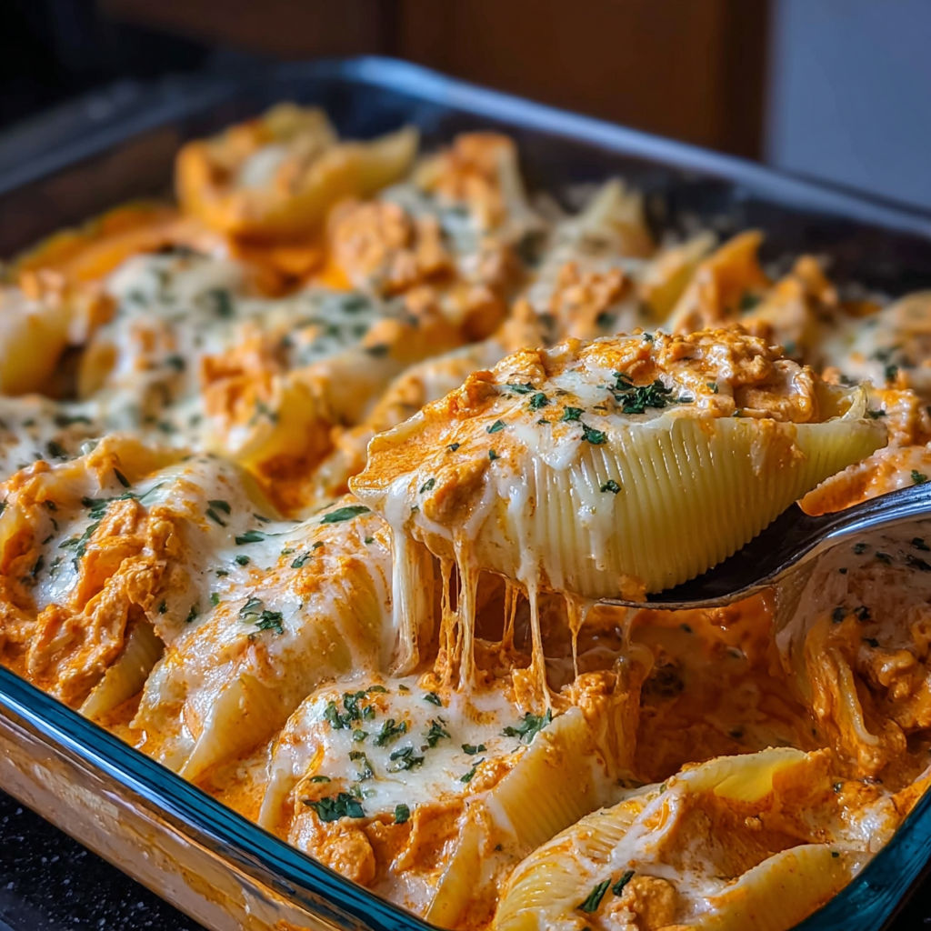 A dish of creamy buffalo chicken stuffed shells.