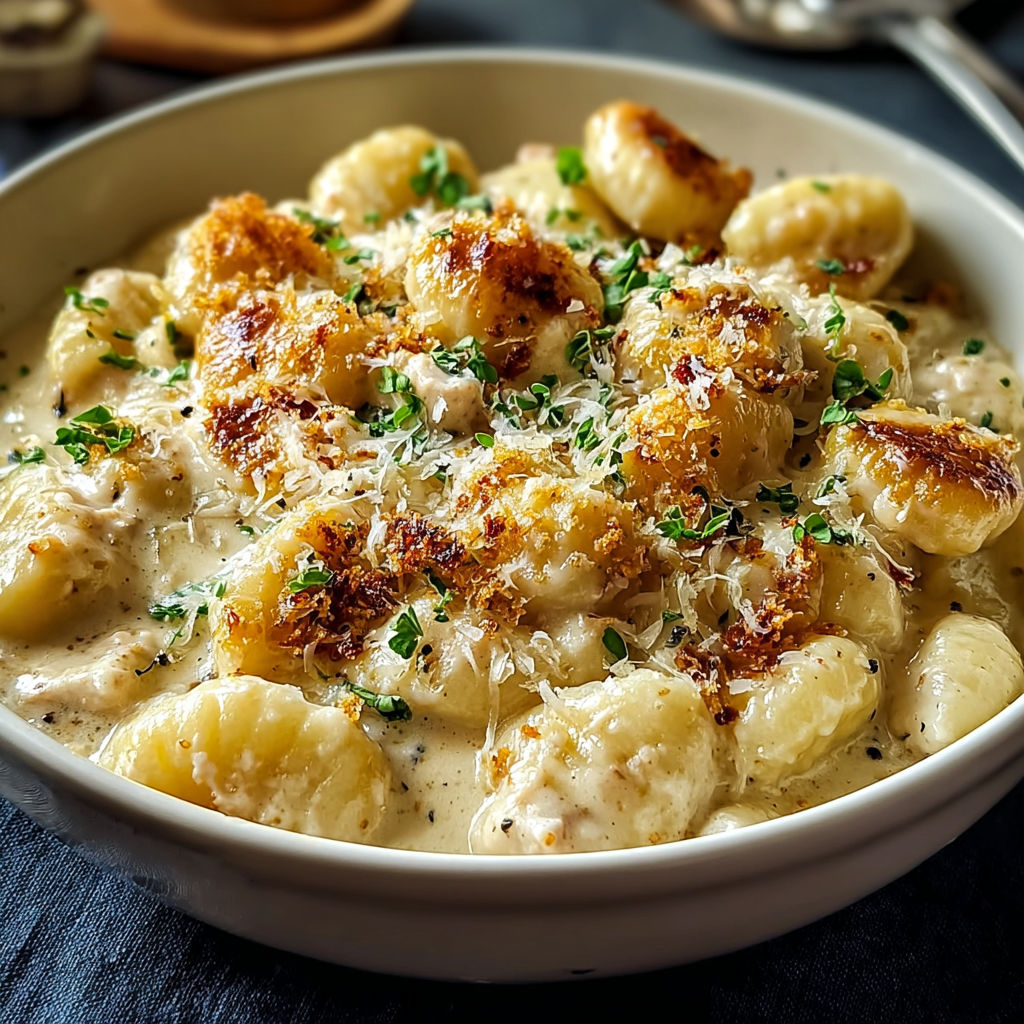 A bowl of creamy crack chicken gnocchi.