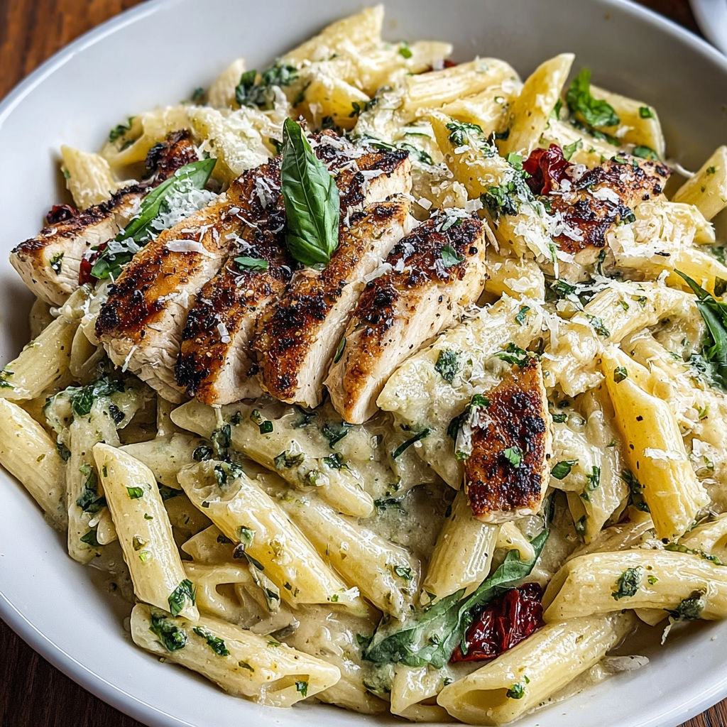 A plate of pasta with chicken and pesto.