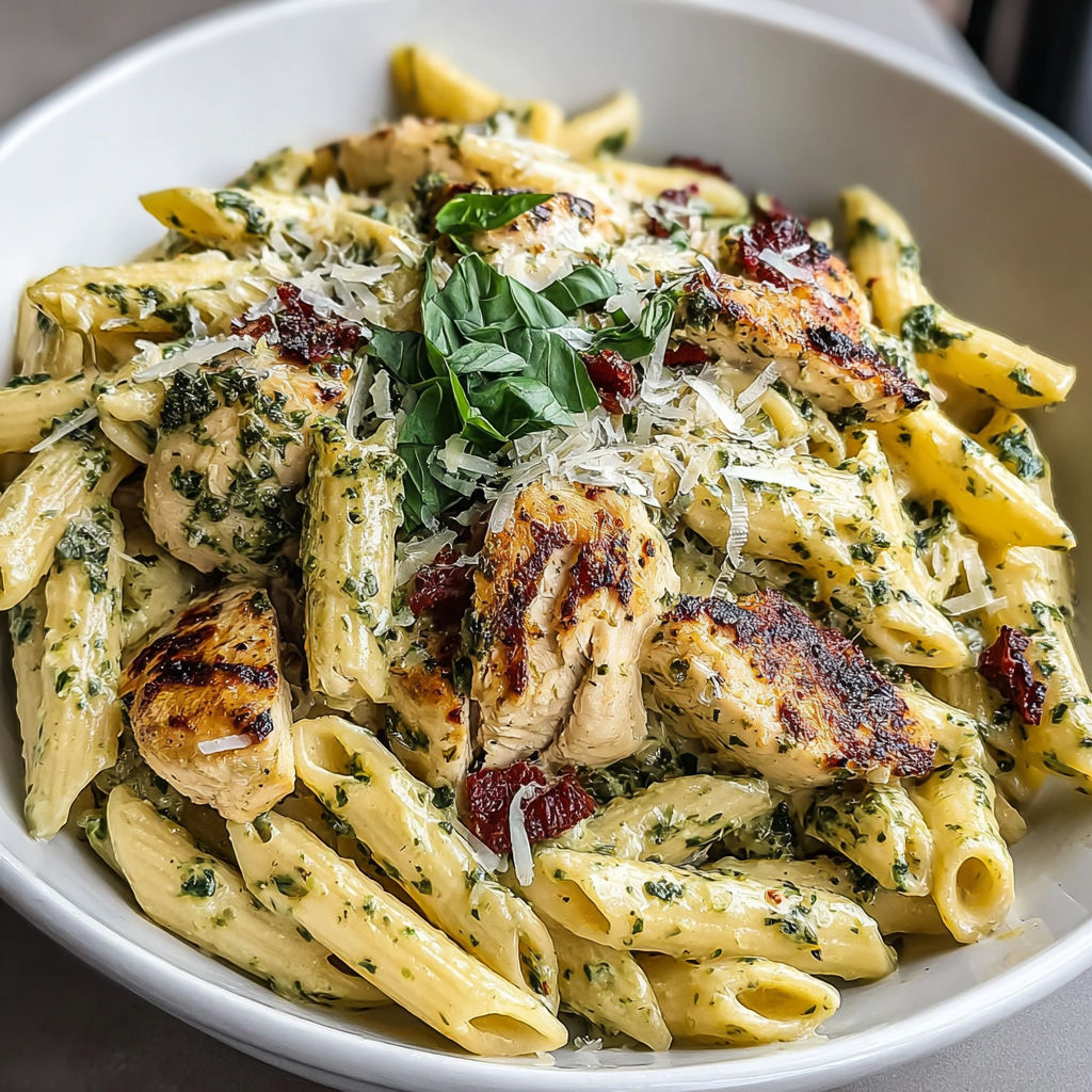 A bowl of pasta with chicken and spinach.