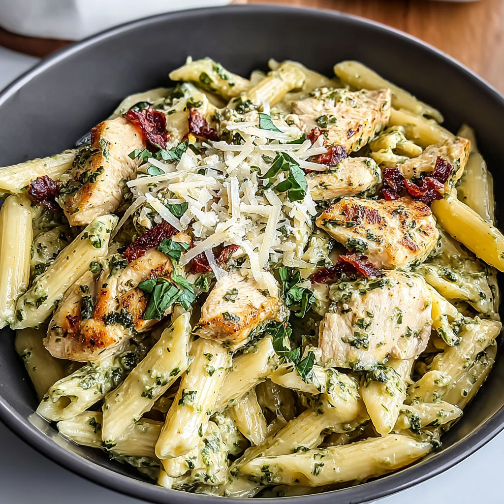 A bowl of pasta with chicken and cheese.