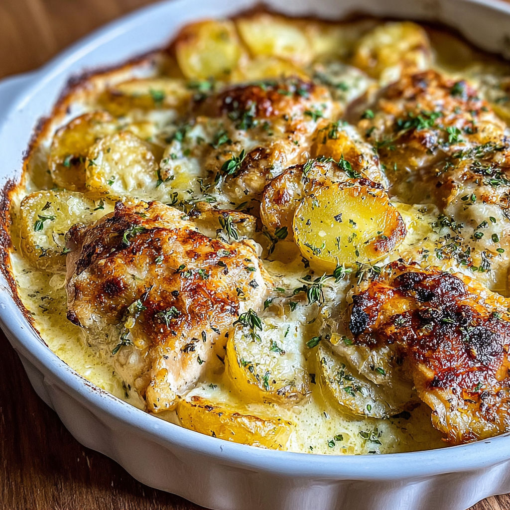 A dish of chicken and potatoes.