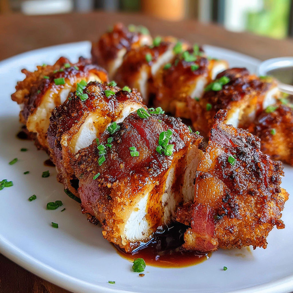 A plate of turkey bacon wrapped chicken tenders.