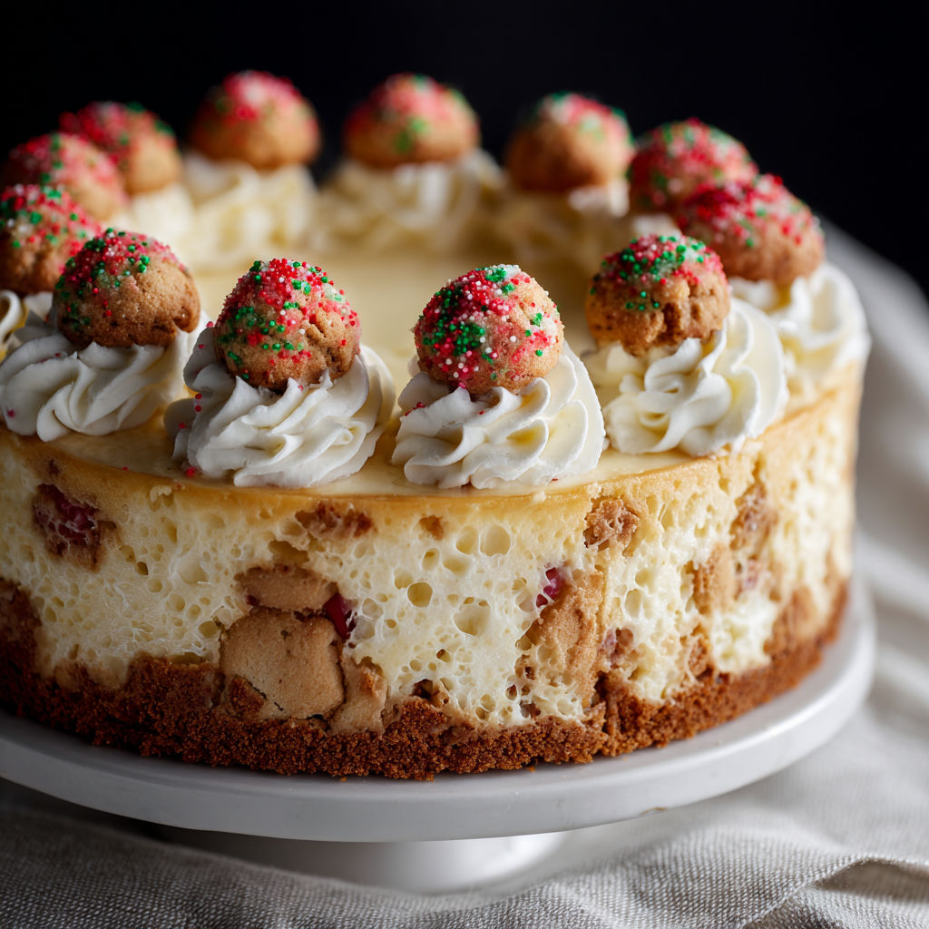 A slice of cheesecake with sugar cookies on top.