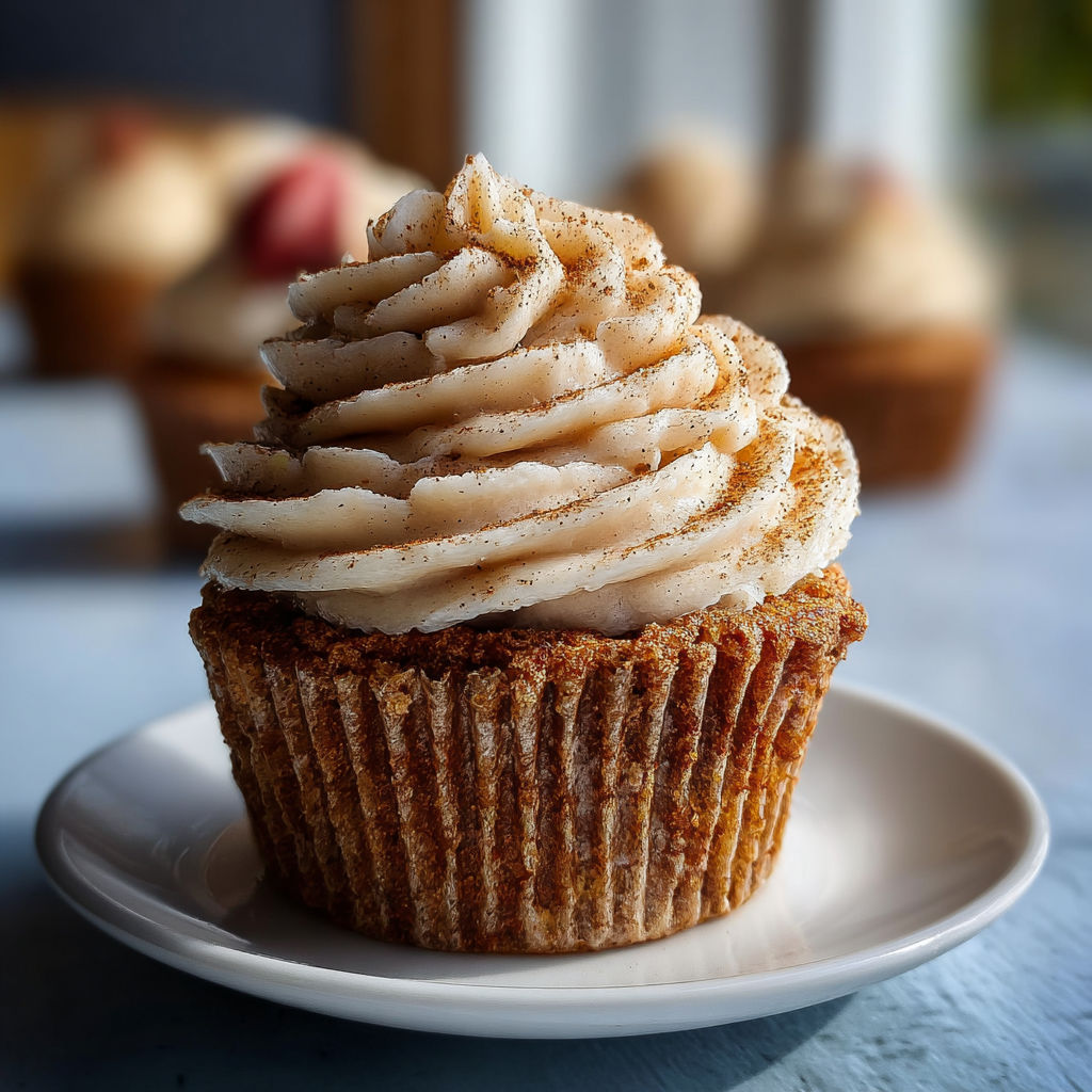 A cupcake with a cinnamon buttercream frosting.