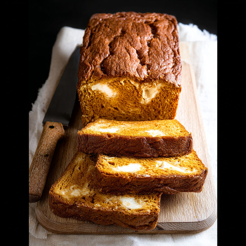 A loaf of pumpkin cream cheese bread.