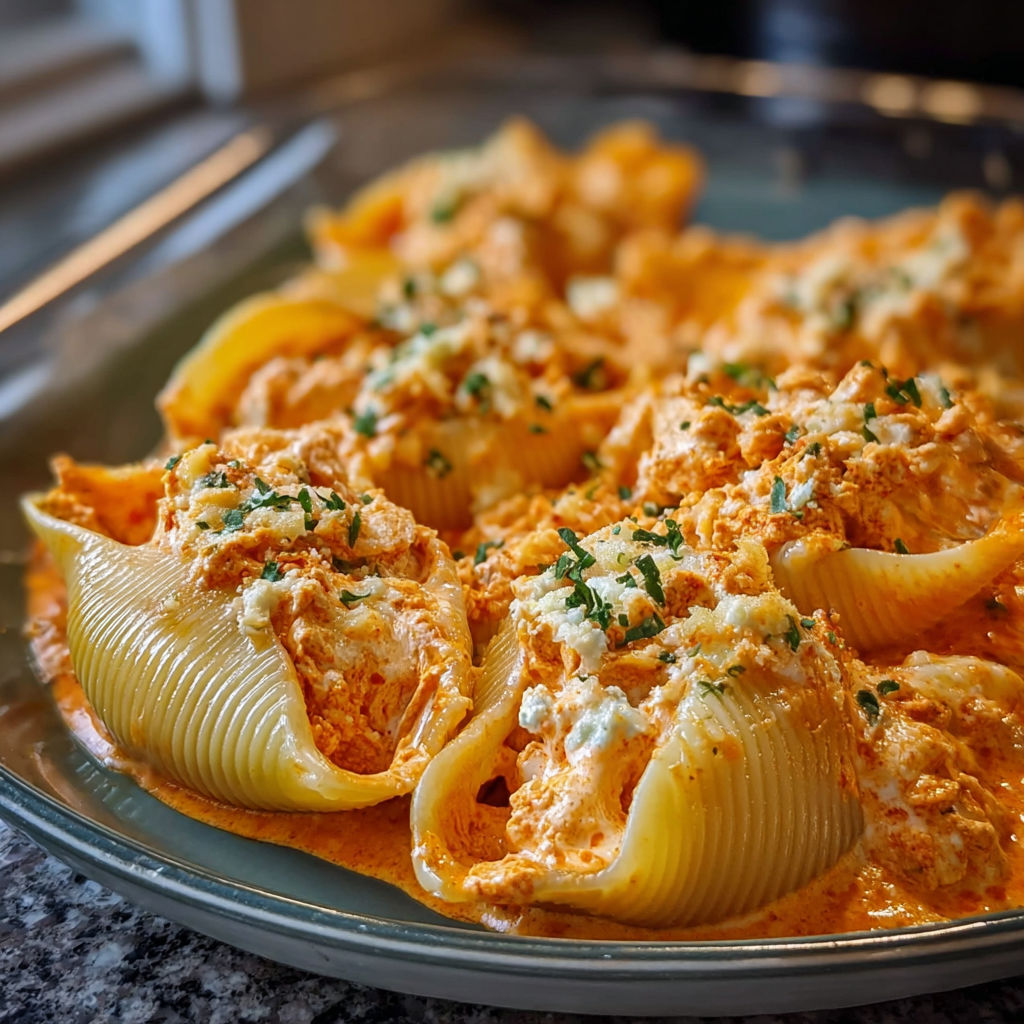 A plate of creamy buffalo chicken stuffed shells.