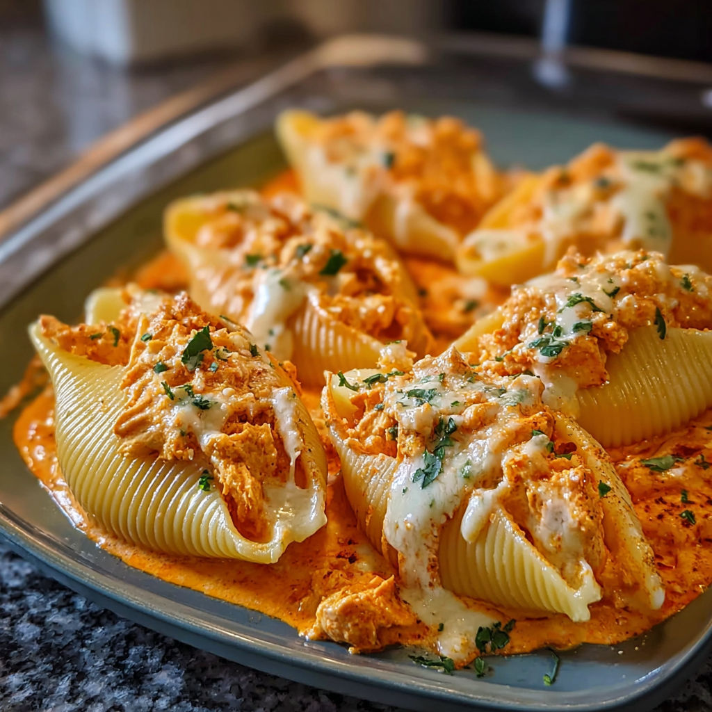 A plate of creamy buffalo chicken stuffed shells.