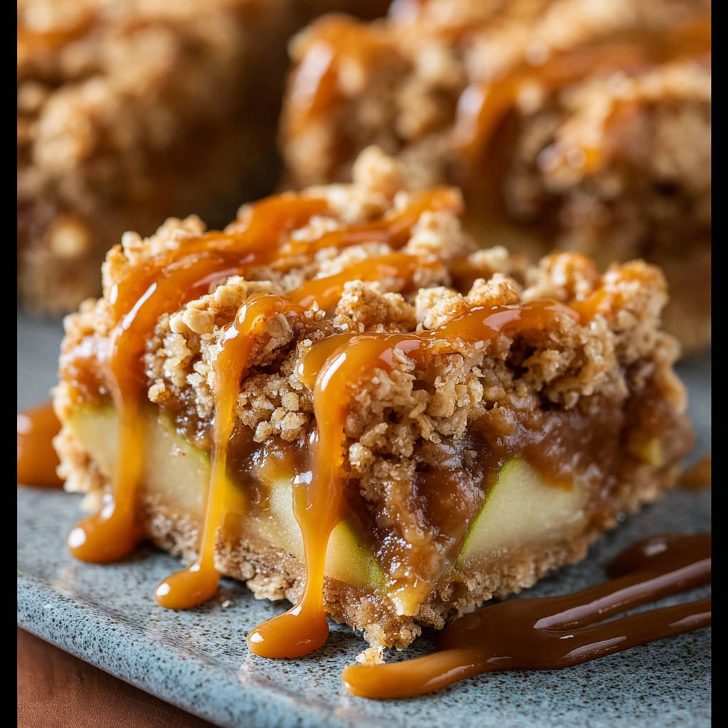 A close up of a delicious salted caramel apple crisp bar.