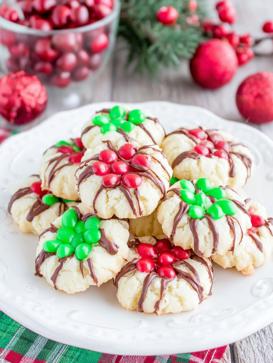 A plate of cookies with green and red decorations.