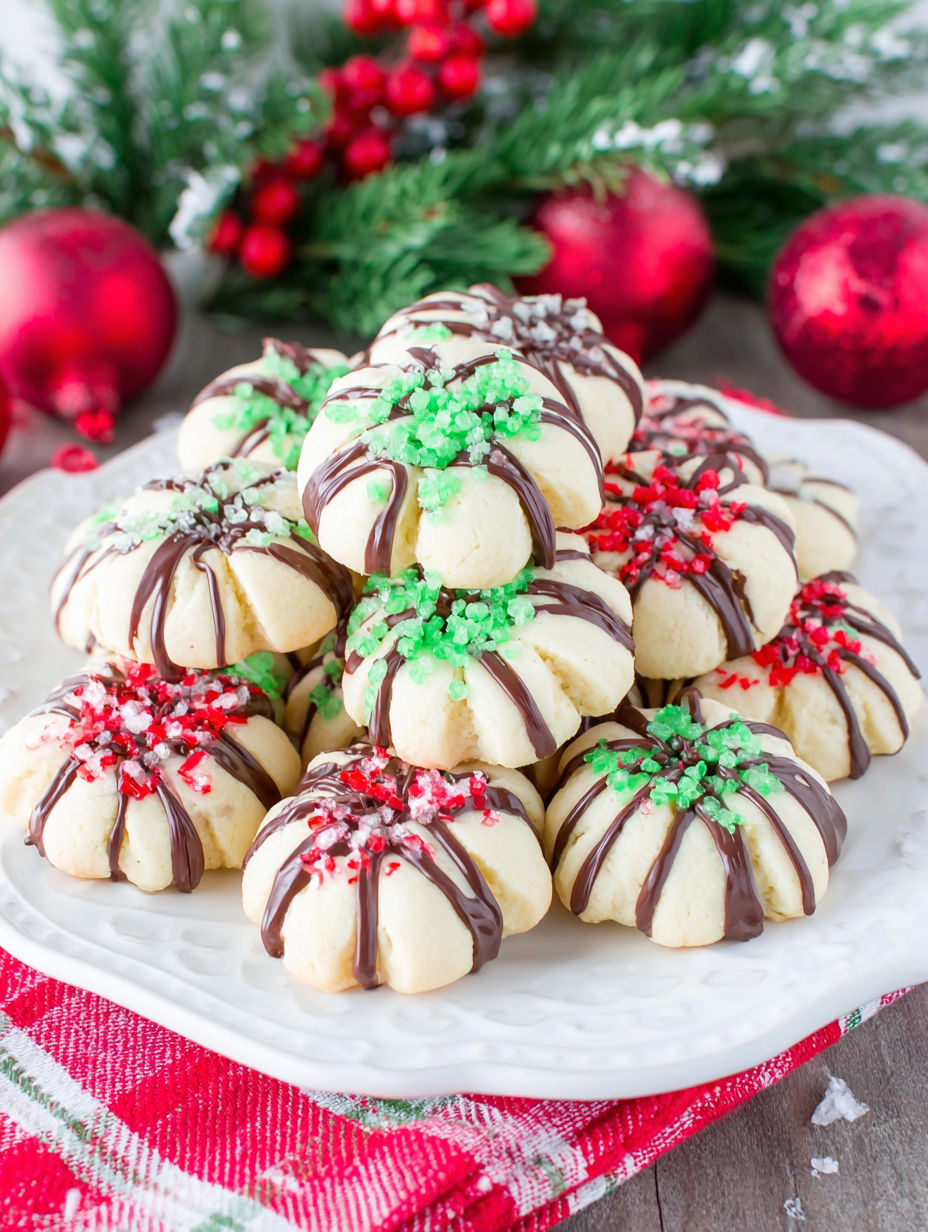 A plate of cookies with chocolate and green sprinkles.