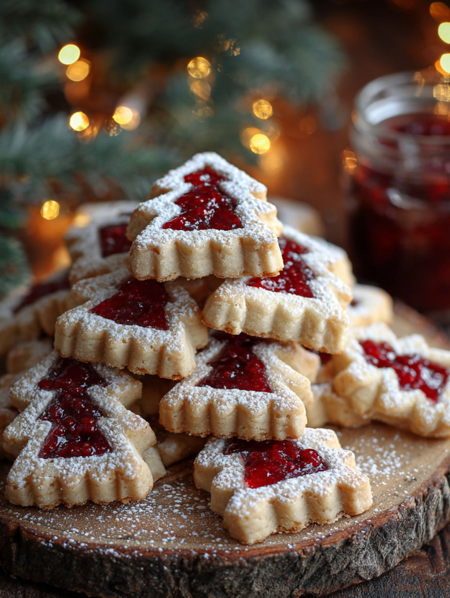 A stack of strawberry thumbprint cookies.