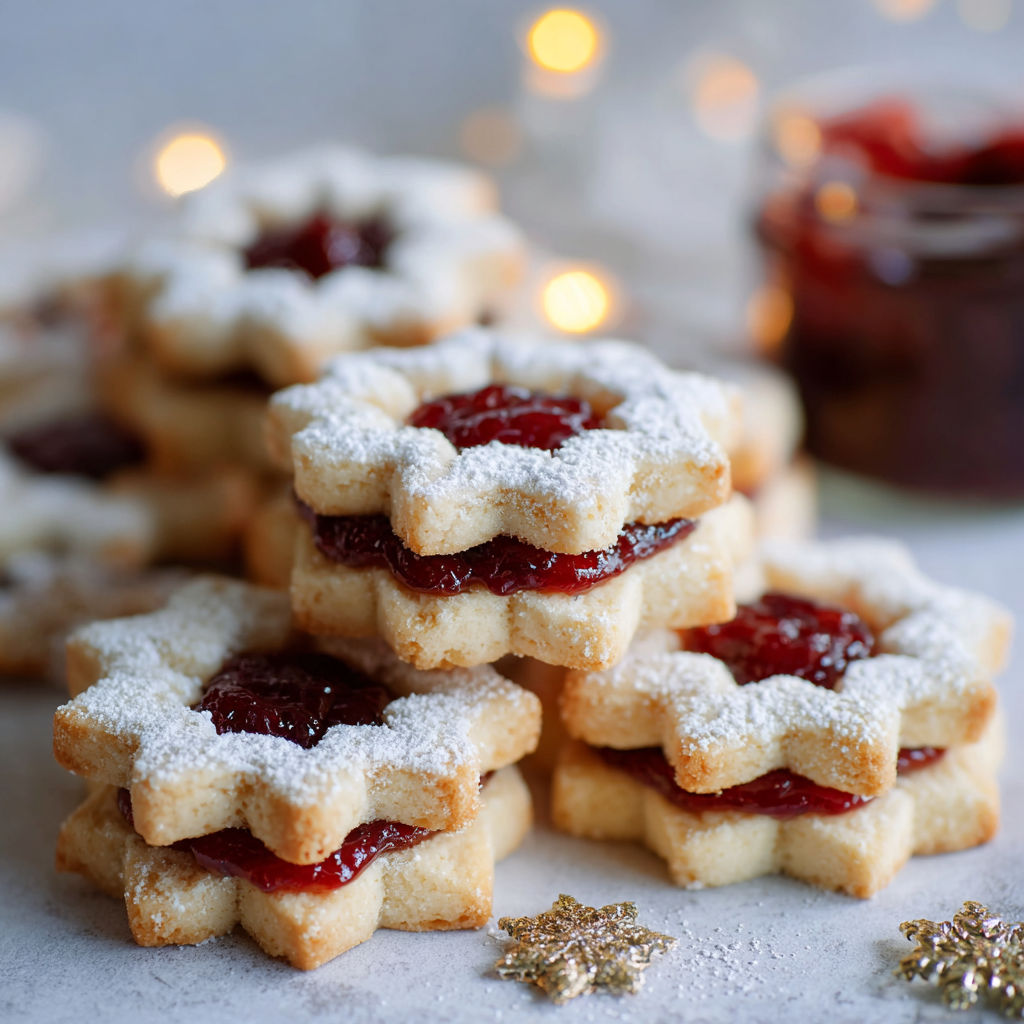 A stack of cookies with jam filling.