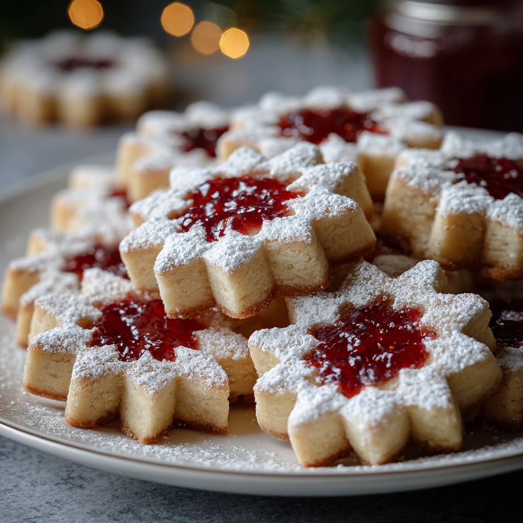 A plate of cookies with white powdered sugar and red jam.