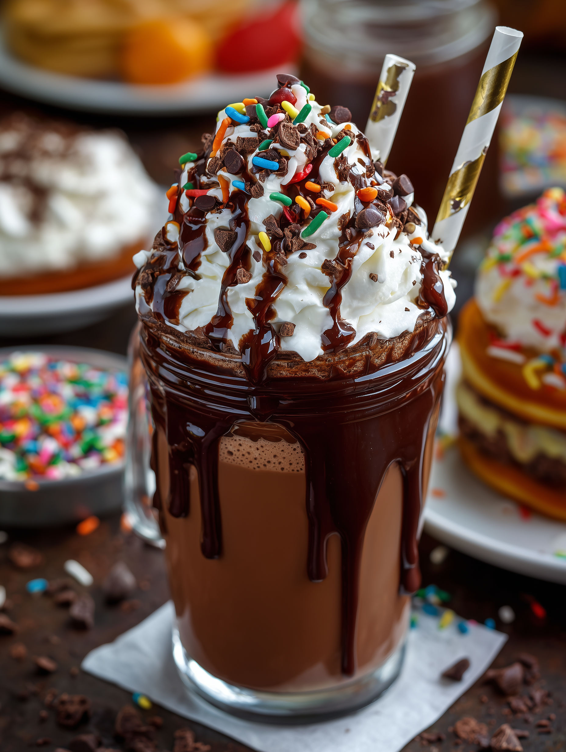 A chocolate drink with whipped cream and chocolate drizzle.
