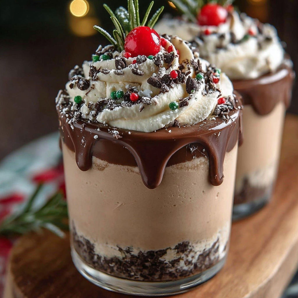 Two glasses of chocolate pudding with candy on top.