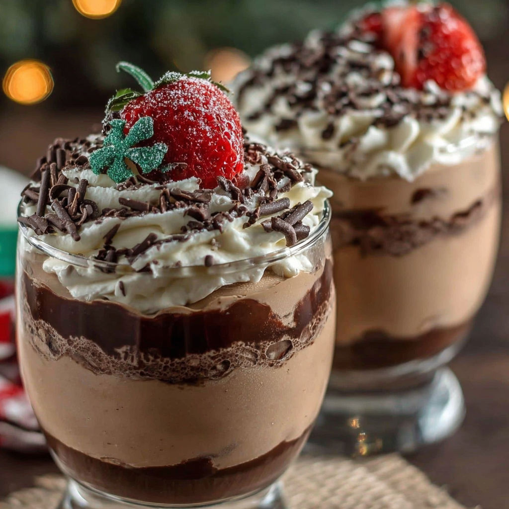 Two glasses of chocolate pudding with strawberries on top.