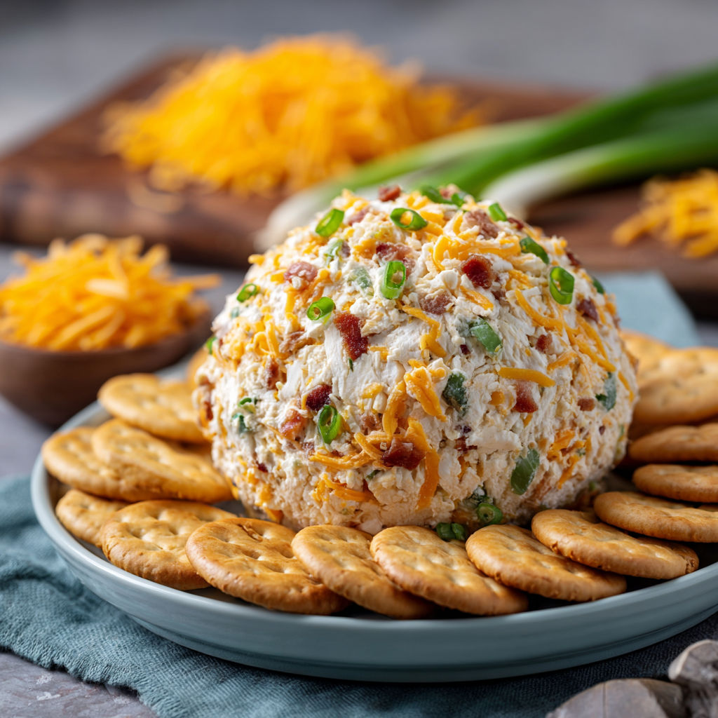 A plate of food with a cheese ball on top.