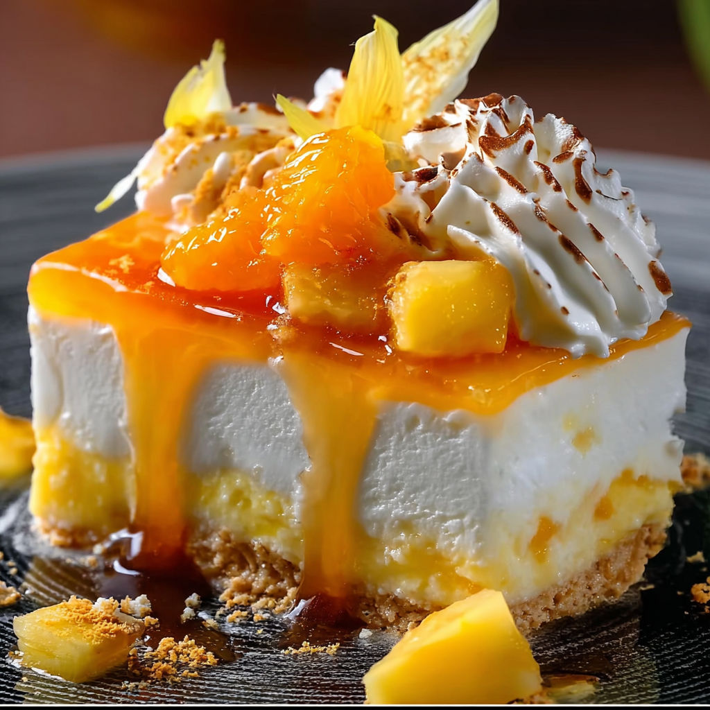 A slice of no-bake orange pineapple cheesecake.