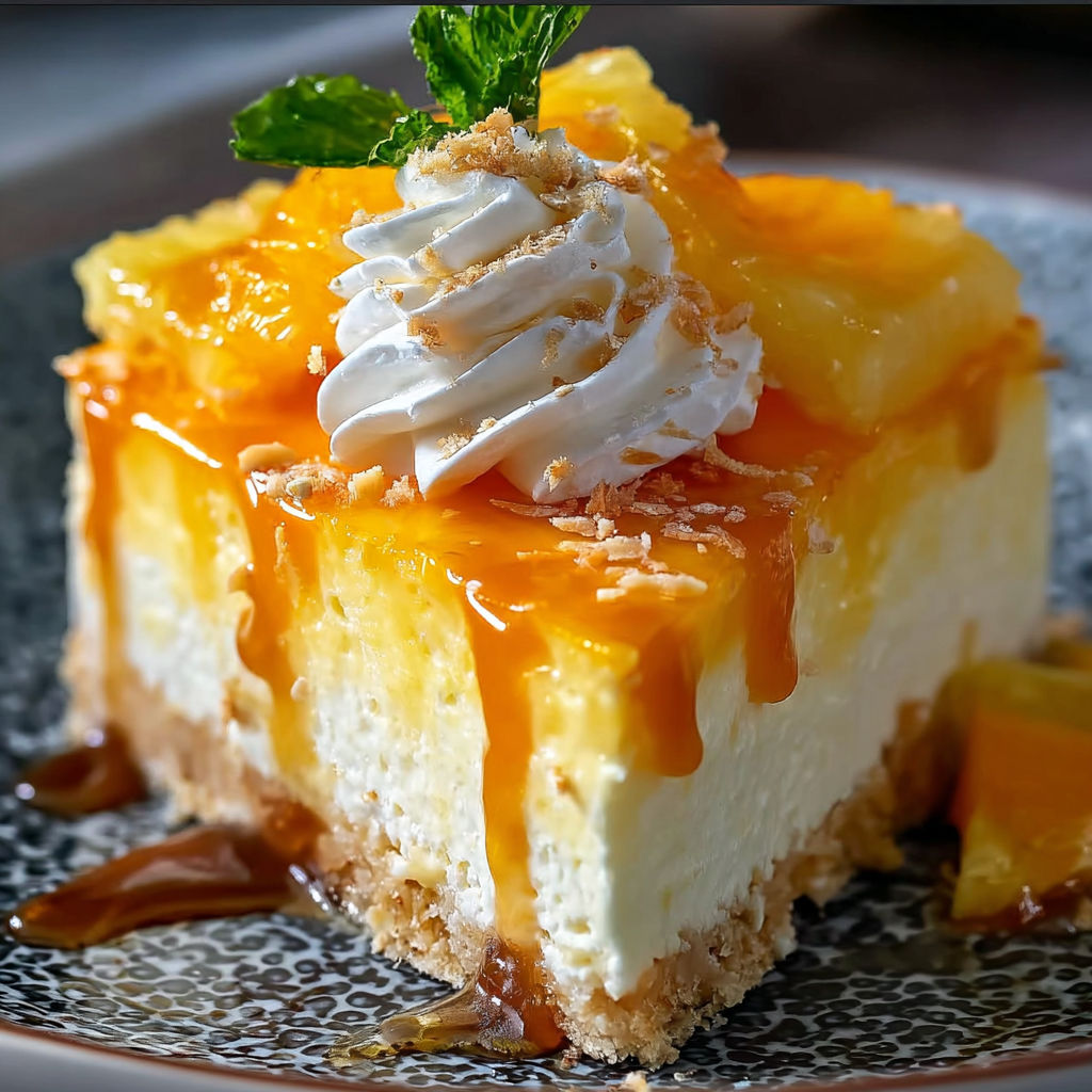A slice of no-bake orange pineapple cheesecake with a dollop of whipped cream on top.