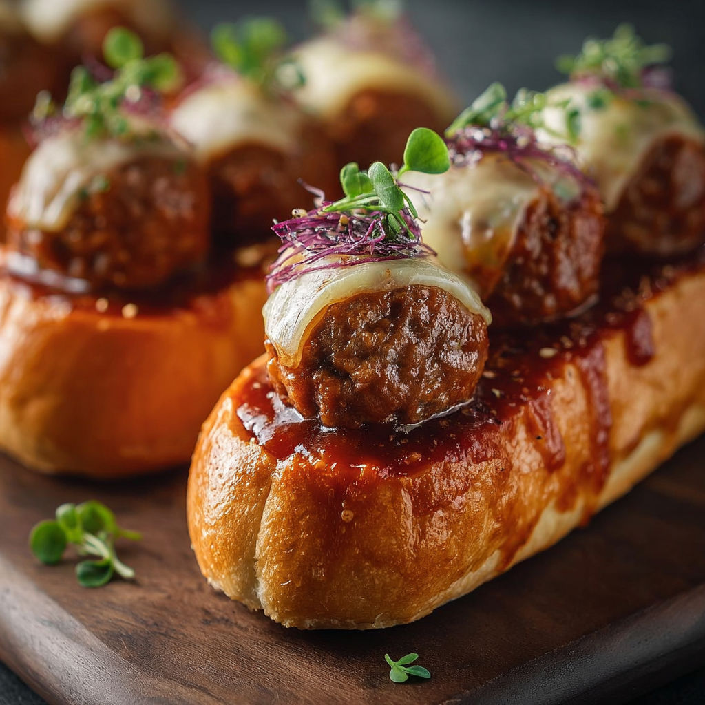A close up of a meatball sandwich with a purple garnish.