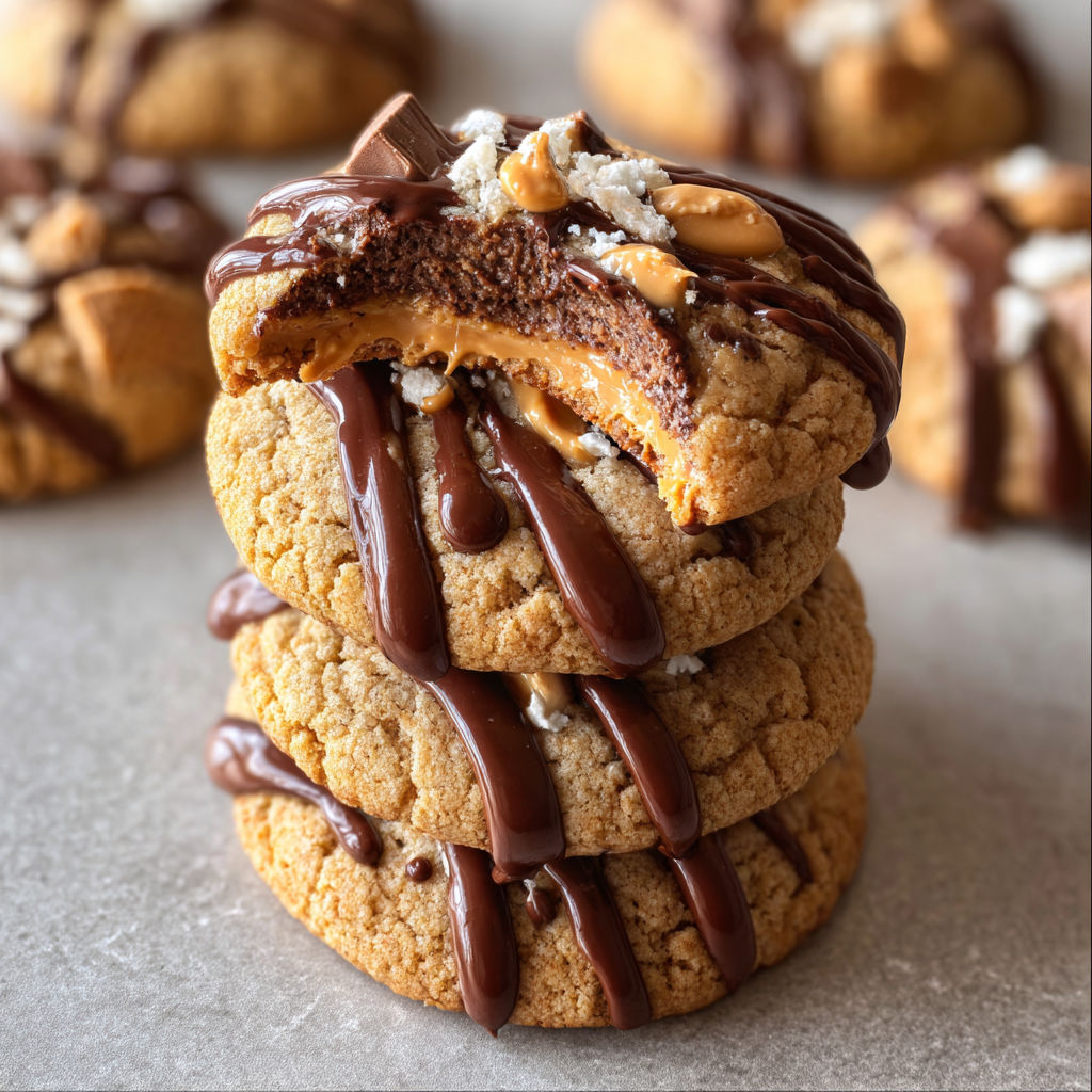 A stack of cookies with chocolate and peanut butter toppings.