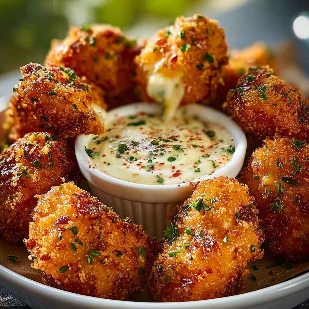 A bowl of cheesy jalapeño ranch chicken poppers with a creamy dip.