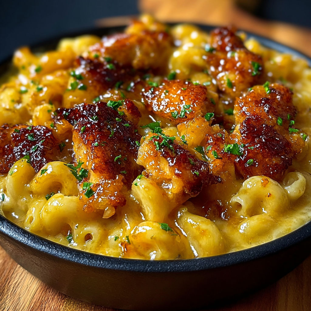 A bowl of macaroni and cheese with bacon bits.