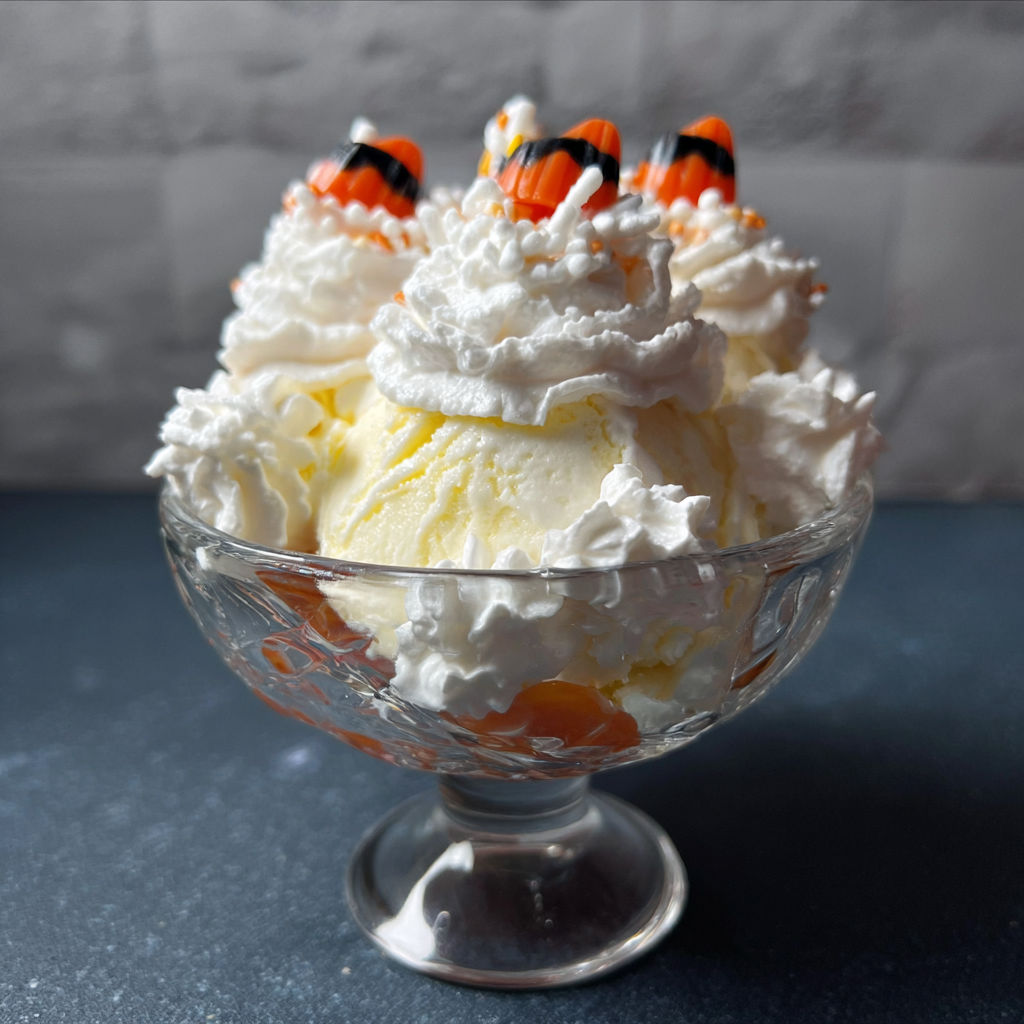 A fake corn ice cream sundae in a glass bowl.