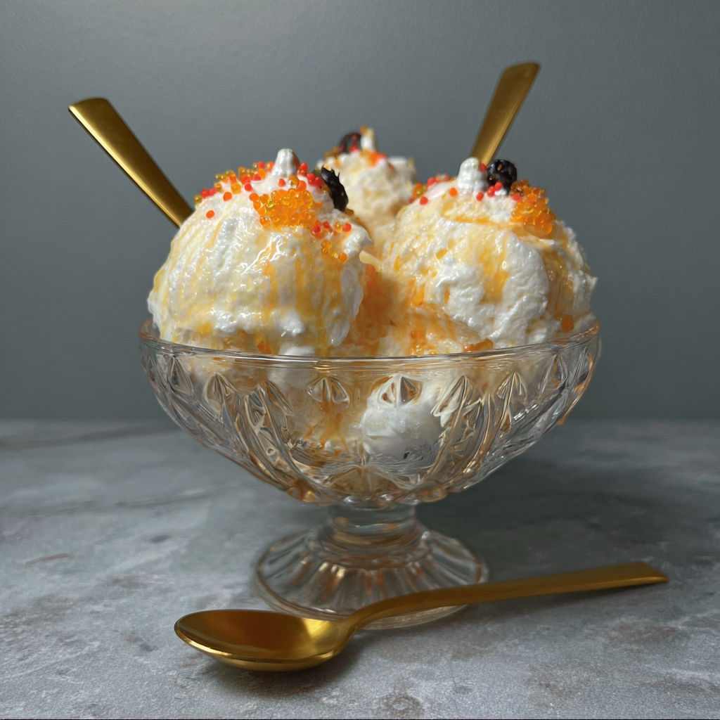 A bowl of ice cream with a spoon in it.