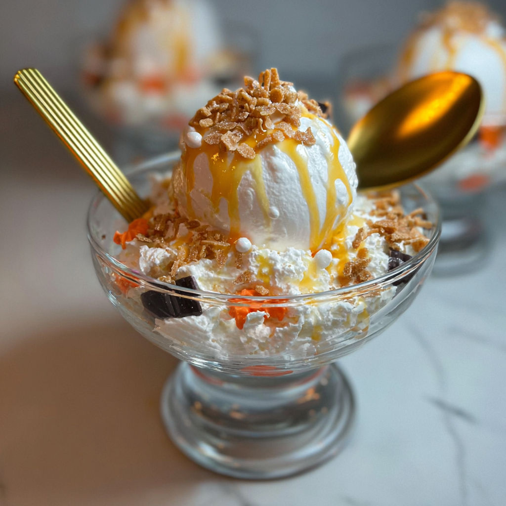 A bowl of ice cream with a spoon in it.