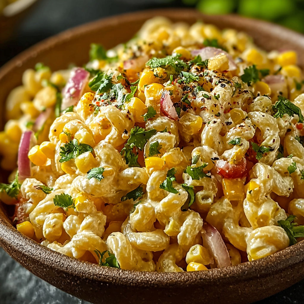 A bowl of Mexican street corn pasta salad.