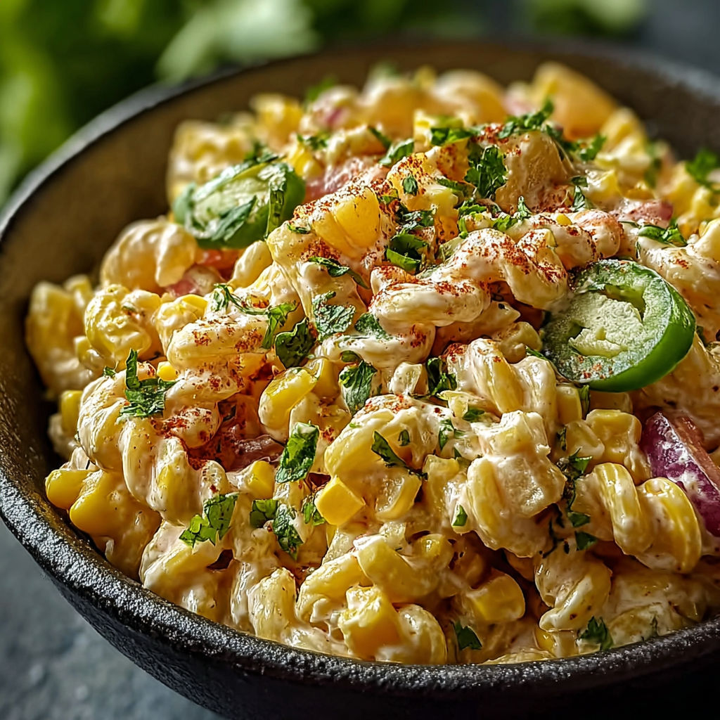 A bowl of Mexican street corn pasta salad.