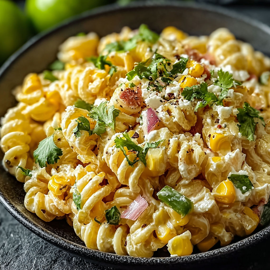A bowl of Mexican street corn pasta salad.