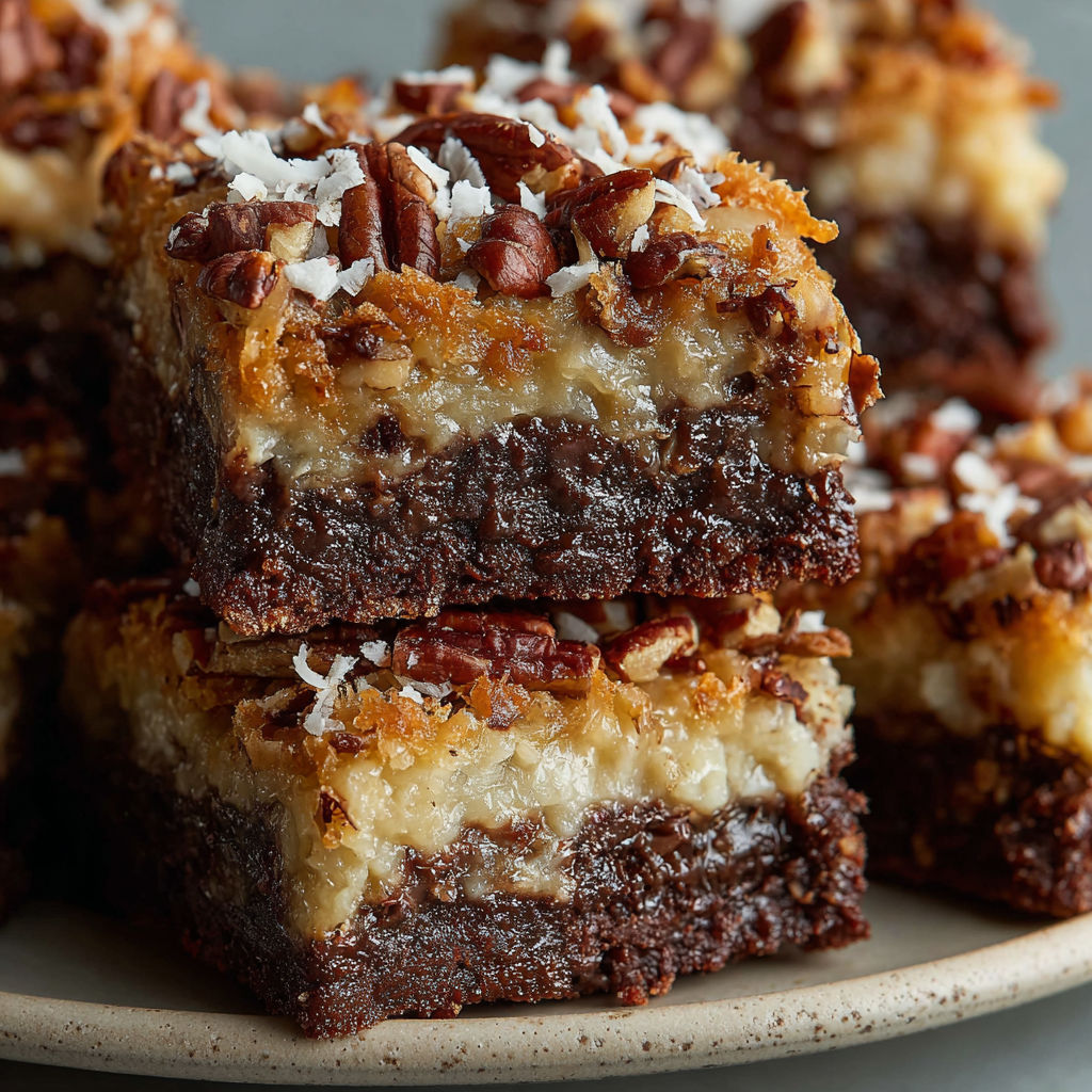 A plate of German Chocolate Pecan Brownies.