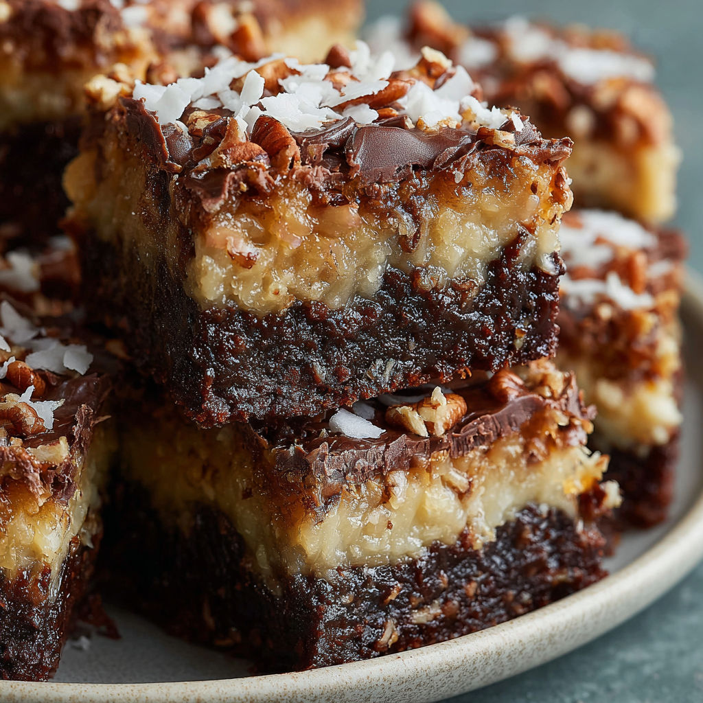 A plate of German Chocolate Pecan Brownies.