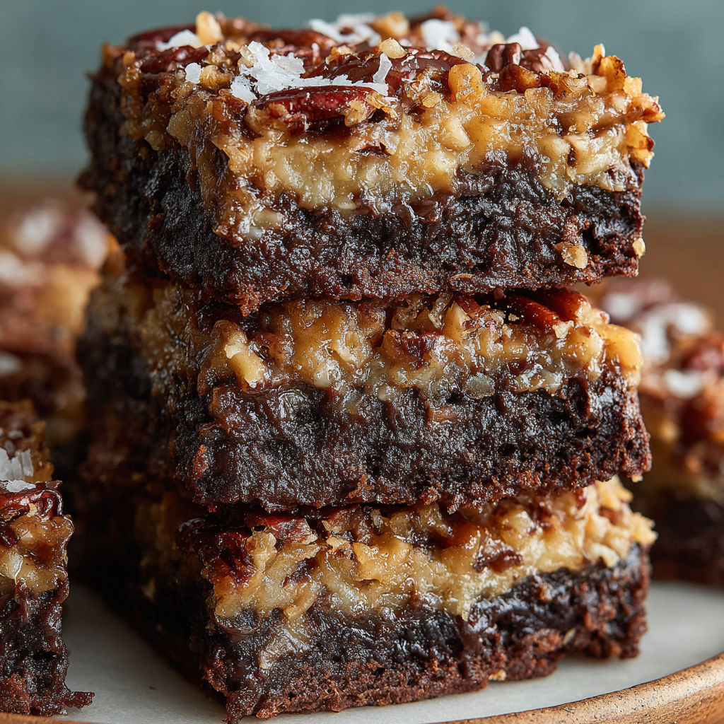 A stack of German Chocolate Pecan Brownies.